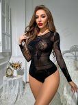 Fashion Black Lace Sexy Lingerie Net Clothes Sexy Fishnet Bodysuit Long Sleeves Backless Bikini Sexy Underwear Lenceria Sexy