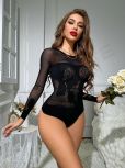 Fashion Black Lace Sexy Lingerie Net Clothes Sexy Fishnet Bodysuit Long Sleeves Backless Bikini Sexy Underwear Lenceria Sexy