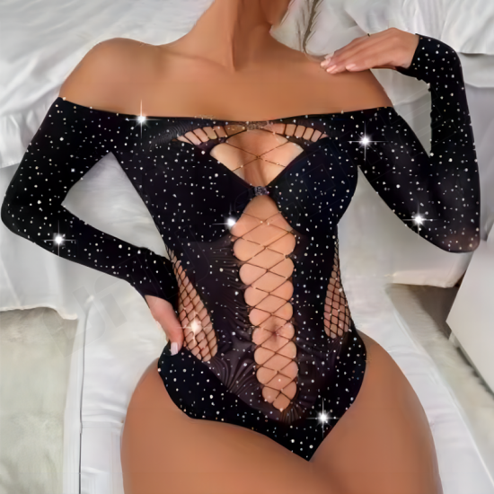 Hot Diamond Shiny Sexy Lingerie Black Long Sleeve Mesh Bodystocking Women Underwear XX Hot Exposed Breasts