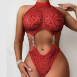 Wholesale Sexy Leopard Red Print See-Through Sexy Lingerie Bodysuit Set In Stock Halter Chain Three Points xxl Women Underwear