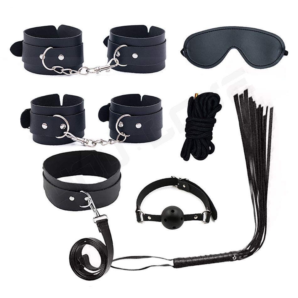 SM sex toys Alternative toys Leather seven-piece set binding eye mask Leather whip hand mouth plug adult sex toys