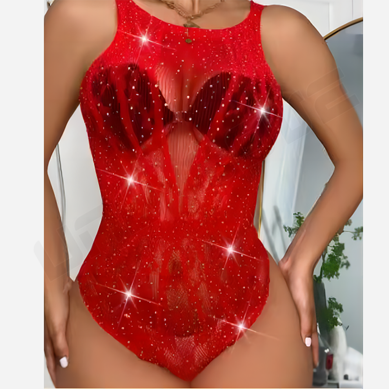 Low Price Red Diamond Sequins One-Piece Bikini Lace Pattern Punk Sleeveless Net Hollow Underwear Women Sexy Lingerie xxxx Hot