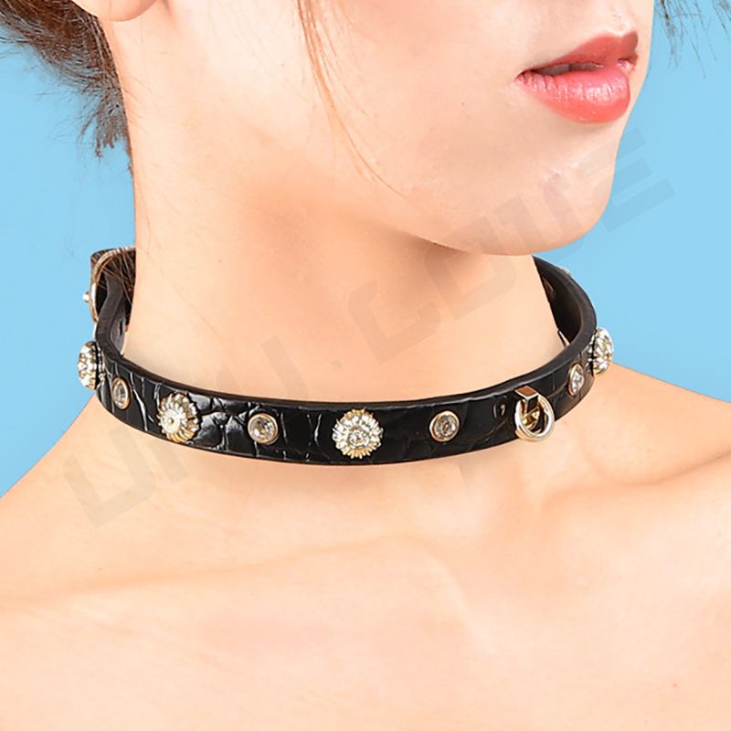 New Sm Products Diamond Collar Gothic Style Leather Neck Collar Sex Collar For Women Traction Chain Necklace BDSM